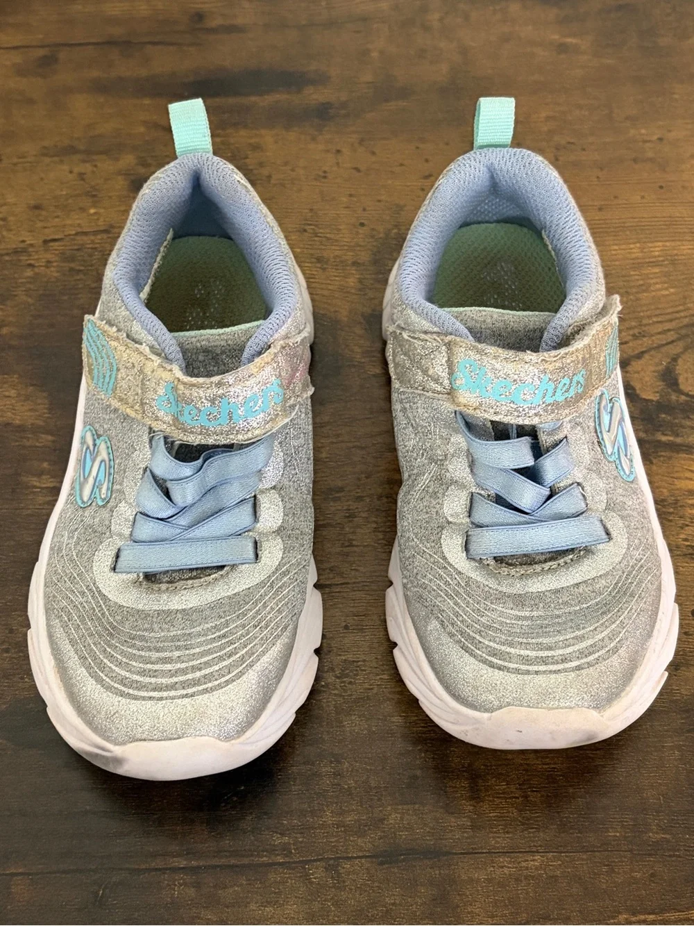 Skechers Kids Silver Glitter Sneakers with Light Blue Details